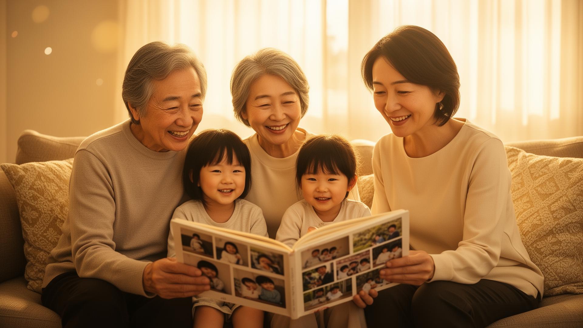 Família ao redor de mesa de jantar iluminada